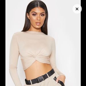 Prettylittlething Tan front knot crop top